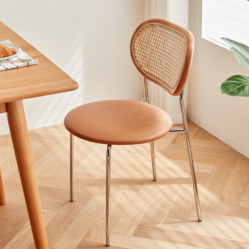 Stylish Ash Wood Dining Chair in Light Brown with Rattan Back and Faux Leather Seat fcp-1283