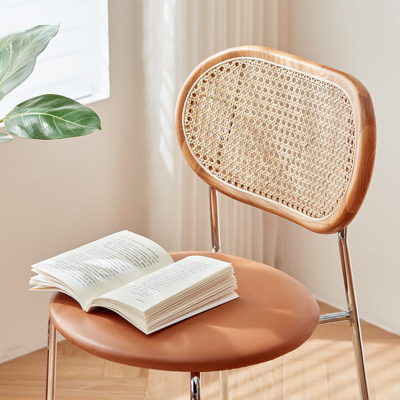 Stylish Ash Wood Dining Chair in Light Brown with Rattan Back and Faux Leather Seat fcp-1283