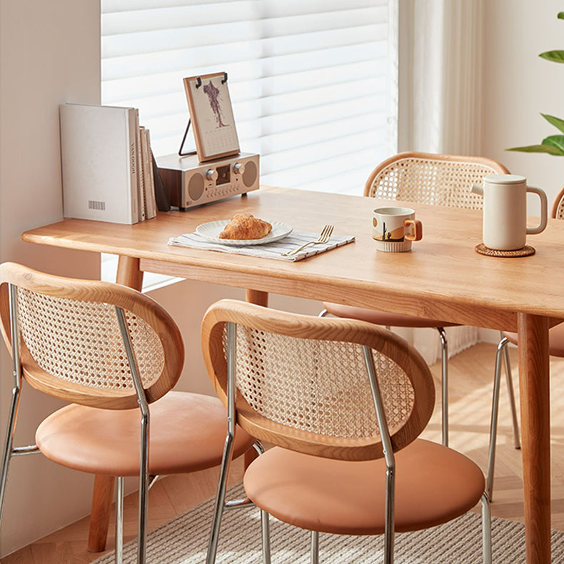 Stylish Ash Wood Dining Chair in Light Brown with Rattan Back and Faux Leather Seat fcp-1283