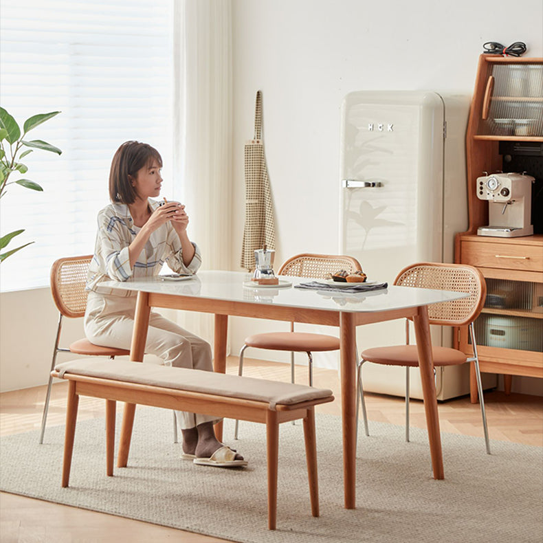 Stylish Ash Wood Dining Chair in Light Brown with Rattan Back and Faux Leather Seat fcp-1283