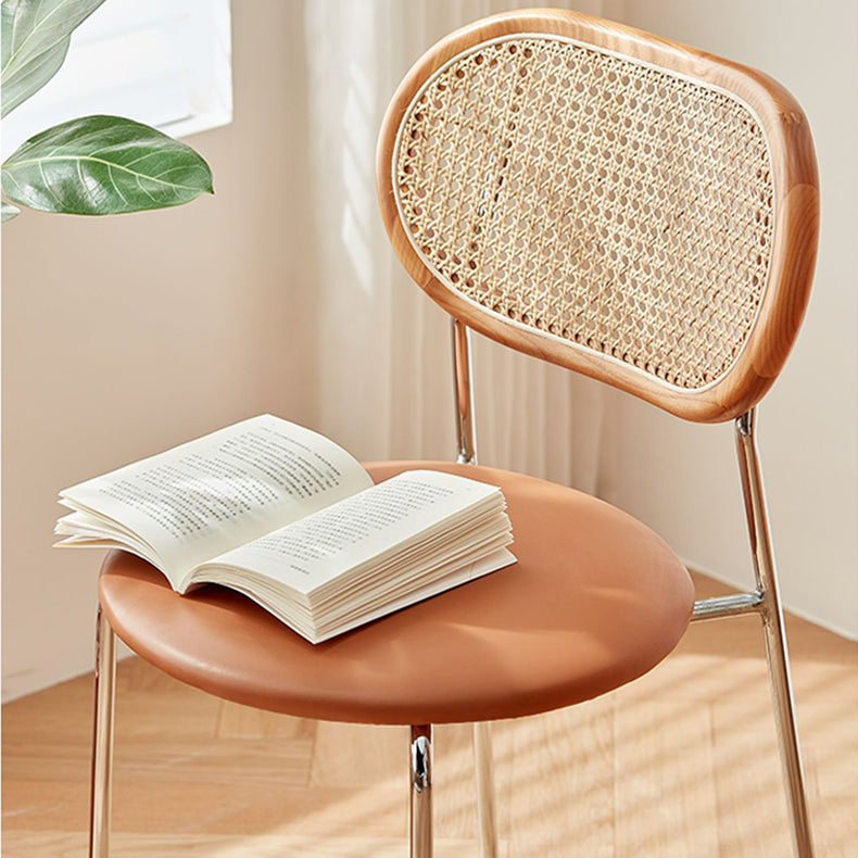 Stylish Ash Wood Dining Chair in Light Brown with Rattan Back and Faux Leather Seat fcp-1283