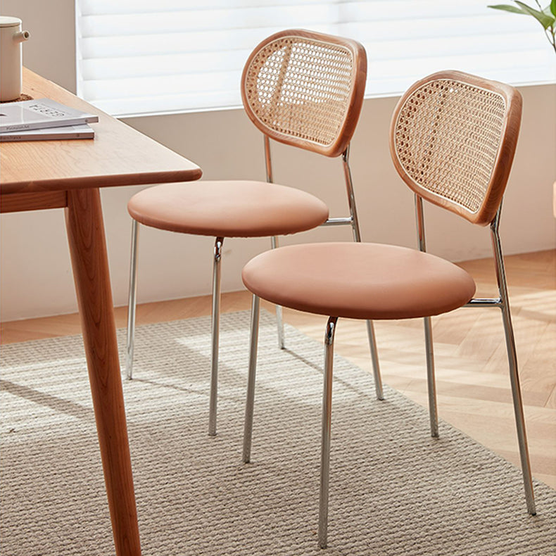 Stylish Ash Wood Dining Chair in Light Brown with Rattan Back and Faux Leather Seat fcp-1283