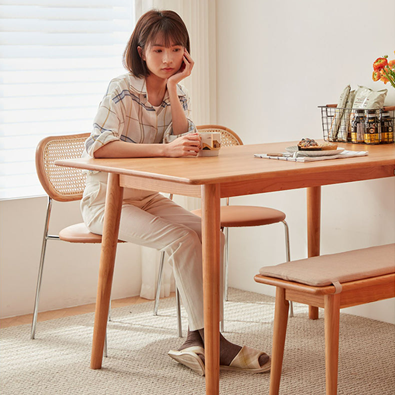 Stylish Ash Wood Dining Chair in Light Brown with Rattan Back and Faux Leather Seat fcp-1283