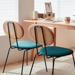 Luxurious Blue Velvet Dining Chair with Rattan Back Frame for Diningroom fcp-1285