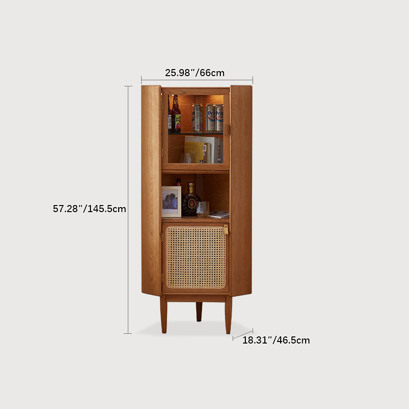 Elegant Natural Cherry Wood Cabinet with Glass Doors and Rattan Accents fcp-1306