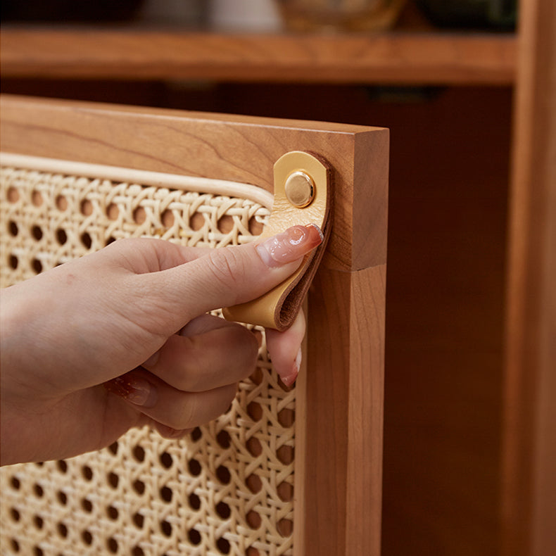 Elegant Natural Cherry Wood Cabinet with Glass Doors and Rattan Accents fcp-1306