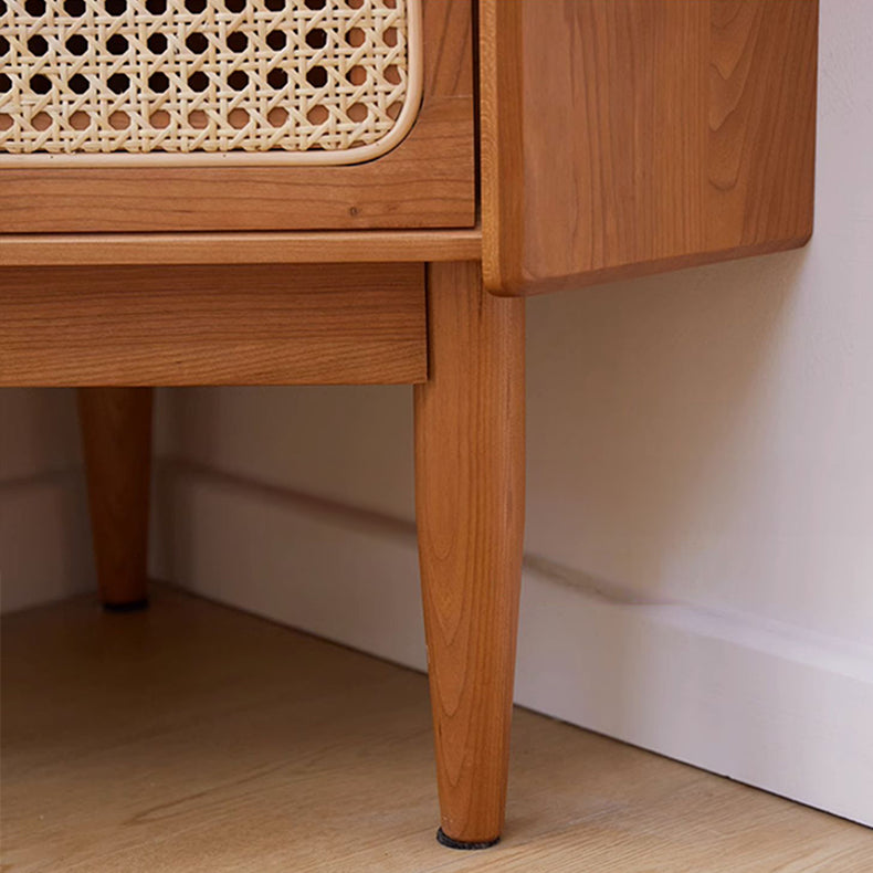 Elegant Natural Cherry Wood Cabinet with Glass Doors and Rattan Accents fcp-1306