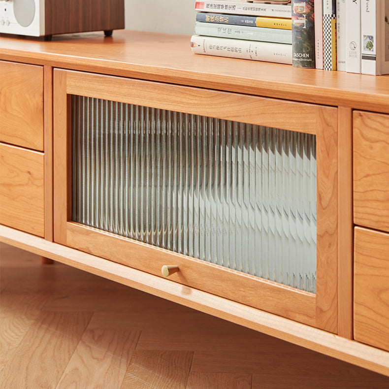 Elegant Natural Cherry Wood TV Cabinet with Zelkova Wood Shelving and Glass Doors fcp-1310