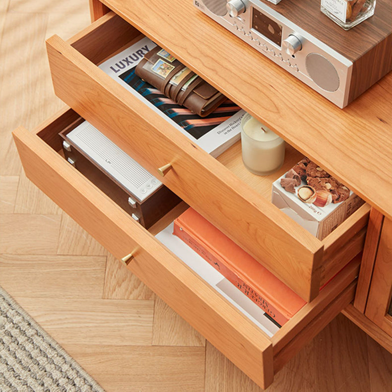 Elegant Natural Cherry Wood TV Cabinet with Zelkova Wood Shelving and Glass Doors fcp-1310