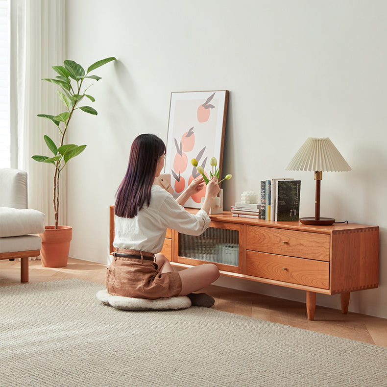 Elegant Natural Cherry Wood TV Cabinet with Zelkova Wood Shelving and Glass Doors fcp-1310