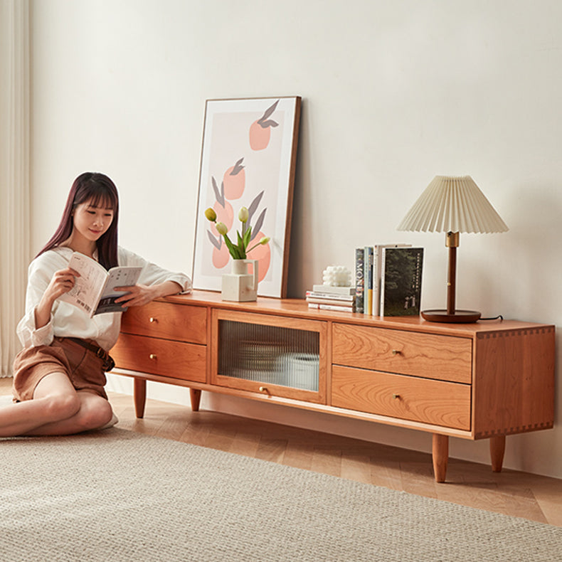 Elegant Natural Cherry Wood TV Cabinet with Zelkova Wood Shelving and Glass Doors fcp-1310