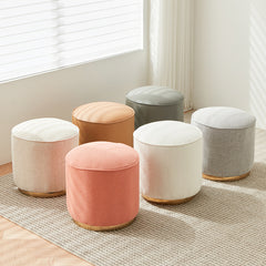 Chic Light Gray Cotton-Linen & Beige Brown Faux Leather Stool - Cozy White Sheep Boa & Pink Cotton-Linen Seat fcp-1313