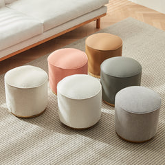 Chic Light Gray Cotton-Linen & Beige Brown Faux Leather Stool - Cozy White Sheep Boa & Pink Cotton-Linen Seat fcp-1313