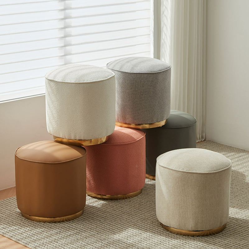 Chic Light Gray Cotton-Linen & Beige Brown Faux Leather Stool - Cozy White Sheep Boa & Pink Cotton-Linen Seat fcp-1313