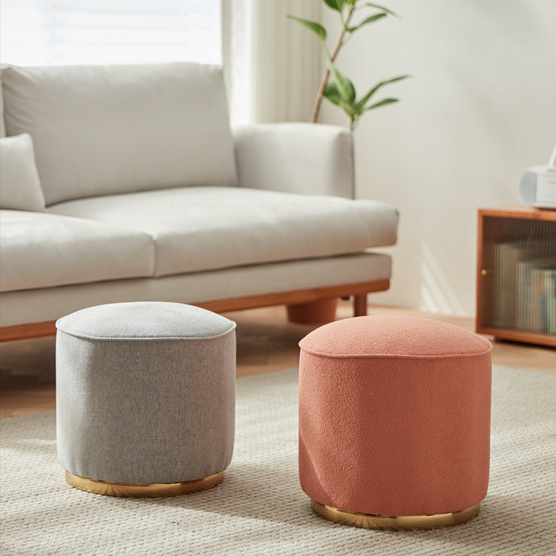 Chic Light Gray Cotton-Linen & Beige Brown Faux Leather Stool - Cozy White Sheep Boa & Pink Cotton-Linen Seat fcp-1313