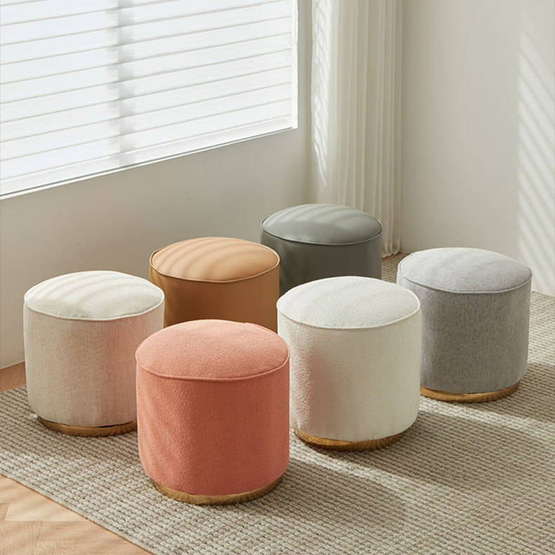 Chic Light Gray Cotton-Linen & Beige Brown Faux Leather Stool - Cozy White Sheep Boa & Pink Cotton-Linen Seat fcp-1313