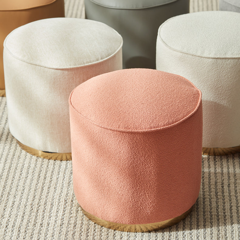 Chic Light Gray Cotton-Linen & Beige Brown Faux Leather Stool - Cozy White Sheep Boa & Pink Cotton-Linen Seat fcp-1313