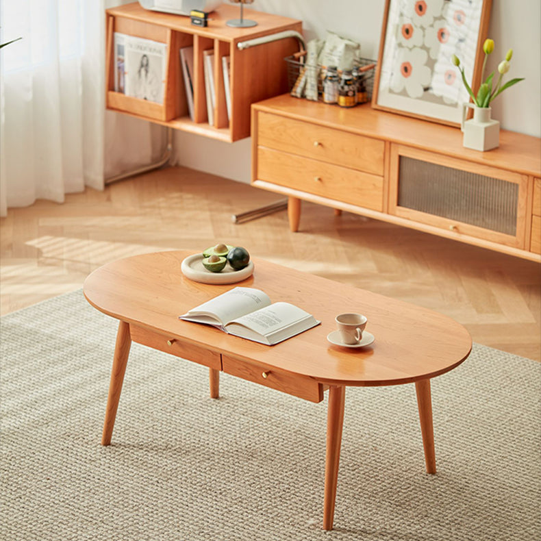 Modern Oval Coffee Table in Cherry Wood with Drawer Storage fcp-1316