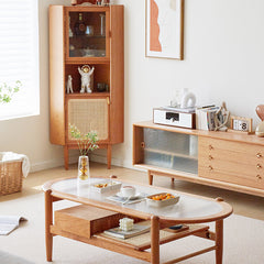 Natural Cherry Wood Coffee Table with Oval Glass Top - Handcrafted with Drawer Storage fcp-1320