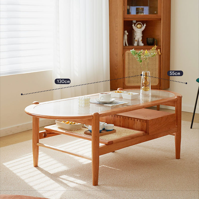 Natural Cherry Wood Coffee Table with Oval Glass Top - Handcrafted with Drawer Storage fcp-1320