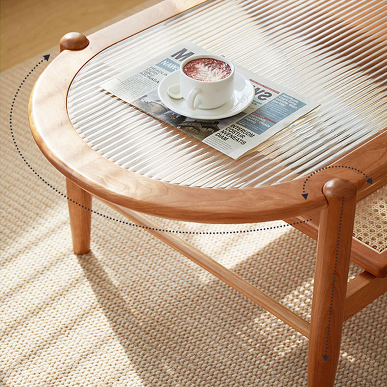 Natural Cherry Wood Coffee Table with Oval Glass Top - Handcrafted with Drawer Storage fcp-1320