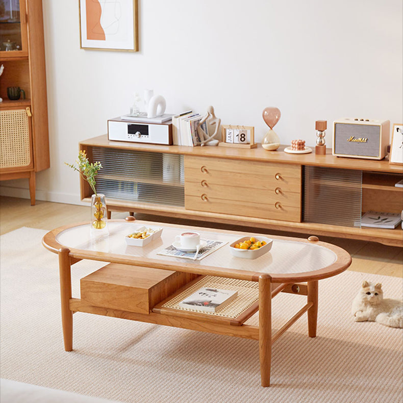 Natural Cherry Wood Coffee Table with Oval Glass Top - Handcrafted with Drawer Storage fcp-1320