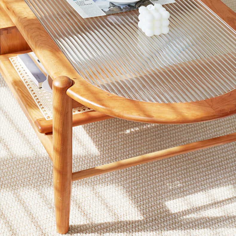 Natural Cherry Wood Coffee Table with Oval Glass Top - Handcrafted with Drawer Storage fcp-1320