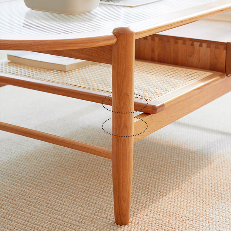 Natural Cherry Wood Coffee Table with Oval Glass Top - Handcrafted with Drawer Storage fcp-1320