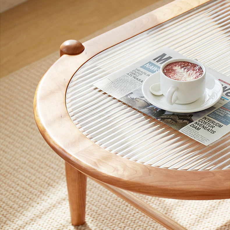 Natural Cherry Wood Coffee Table with Oval Glass Top - Handcrafted with Drawer Storage fcp-1320