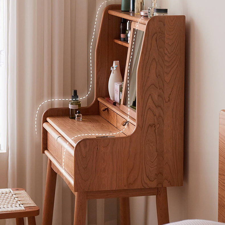 Elegant Natural Cherry Wood Makeup Vanity with Glass Top fcp-1321