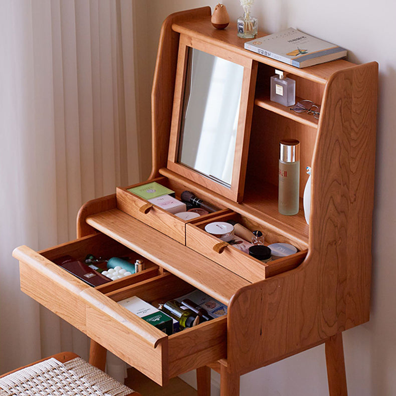 Elegant Natural Cherry Wood Makeup Vanity with Glass Top fcp-1321