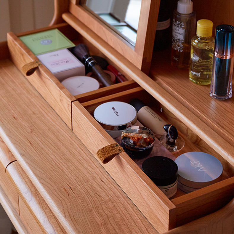 Elegant Natural Cherry Wood Makeup Vanity with Glass Top fcp-1321