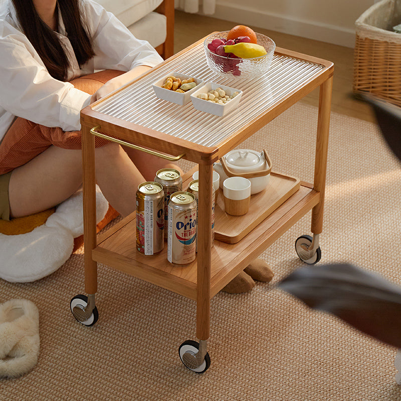 Elegant Natural Cherry Wood End Table with wheels delicate Glass Top - Perfect for Living Room Decor fcp-1326