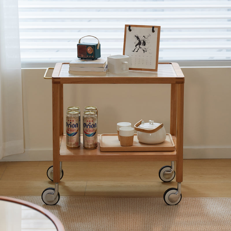 Elegant Natural Cherry Wood End Table with wheels delicate Glass Top - Perfect for Living Room Decor fcp-1326