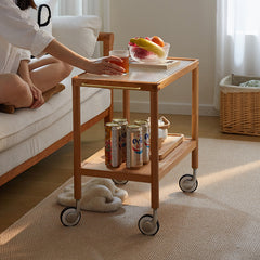 Elegant Natural Cherry Wood End Table with wheels delicate Glass Top - Perfect for Living Room Decor fcp-1326