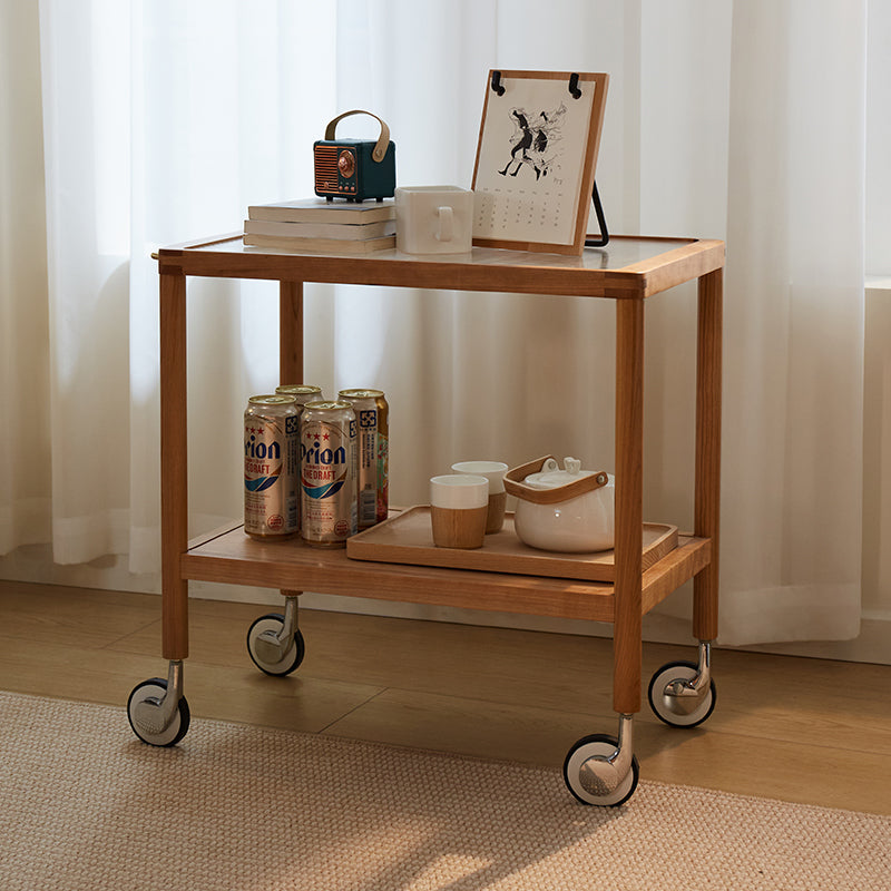 Elegant Natural Cherry Wood End Table with wheels delicate Glass Top - Perfect for Living Room Decor fcp-1326