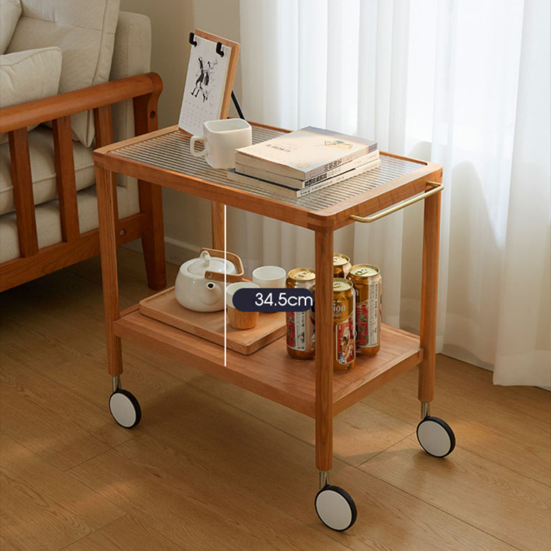 Elegant Natural Cherry Wood End Table with wheels delicate Glass Top - Perfect for Living Room Decor fcp-1326