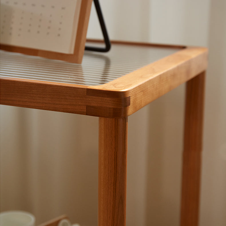 Elegant Natural Cherry Wood End Table with wheels delicate Glass Top - Perfect for Living Room Decor fcp-1326