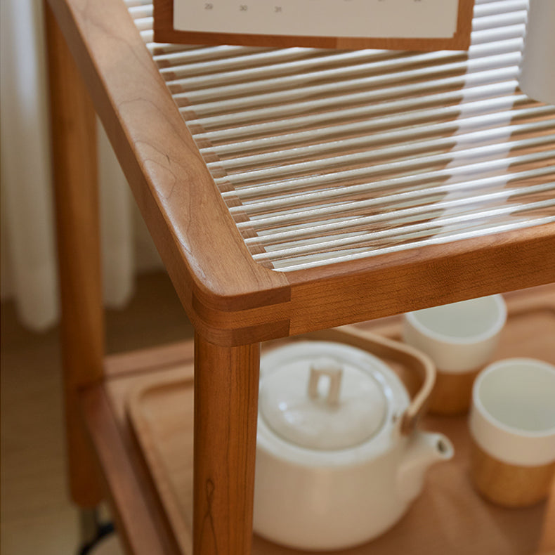 Elegant Natural Cherry Wood End Table with wheels delicate Glass Top - Perfect for Living Room Decor fcp-1326