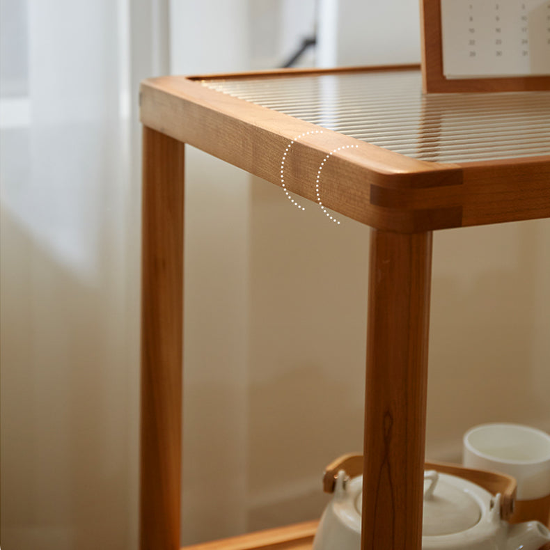 Elegant Natural Cherry Wood End Table with wheels delicate Glass Top - Perfect for Living Room Decor fcp-1326