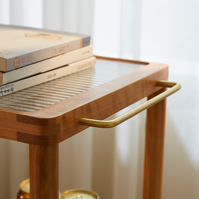 Elegant Natural Cherry Wood End Table with wheels delicate Glass Top - Perfect for Living Room Decor fcp-1326