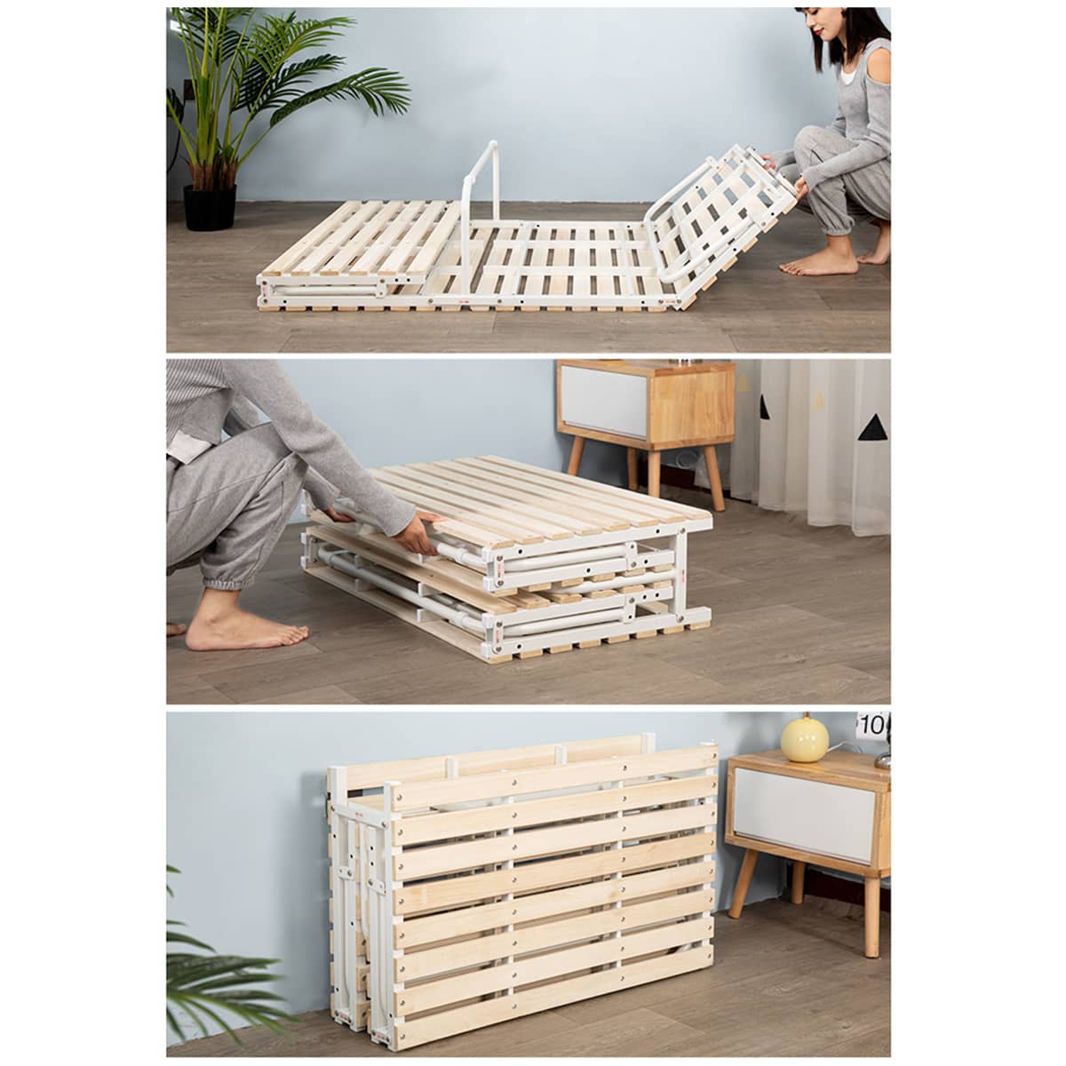 Stylish White Paulownia Wood Bed Frame with Steel Accents - Elegant Natural Finish fcsnm-901