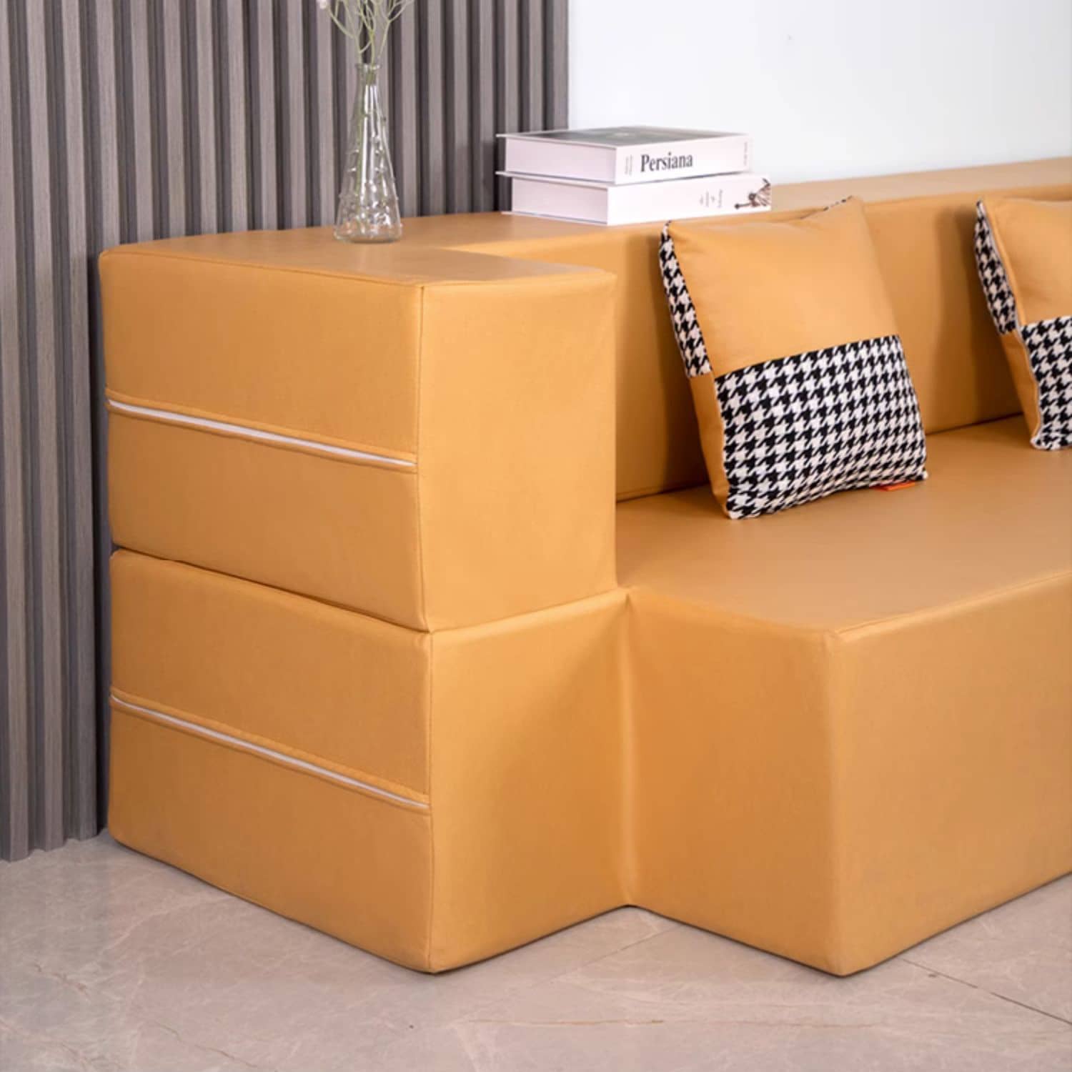 Stylish Yellow Orange Grey Leathaire Sofa Bed - Ultimate Comfort with Foam and Figure Cotton fcsnm-910