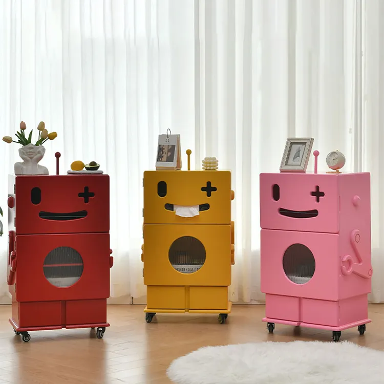 Colorful Robot-Themed Side Table with Wheels - Creative Storage Solution for Kids' Rooms fcwz-2367