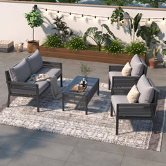 K&K 4-Piece Rope Patio Furniture Set with Tempered Glass Table-Patio Conversation Set Deep Seating with Thick Cushion for Backyard Porch Balcony, Grey