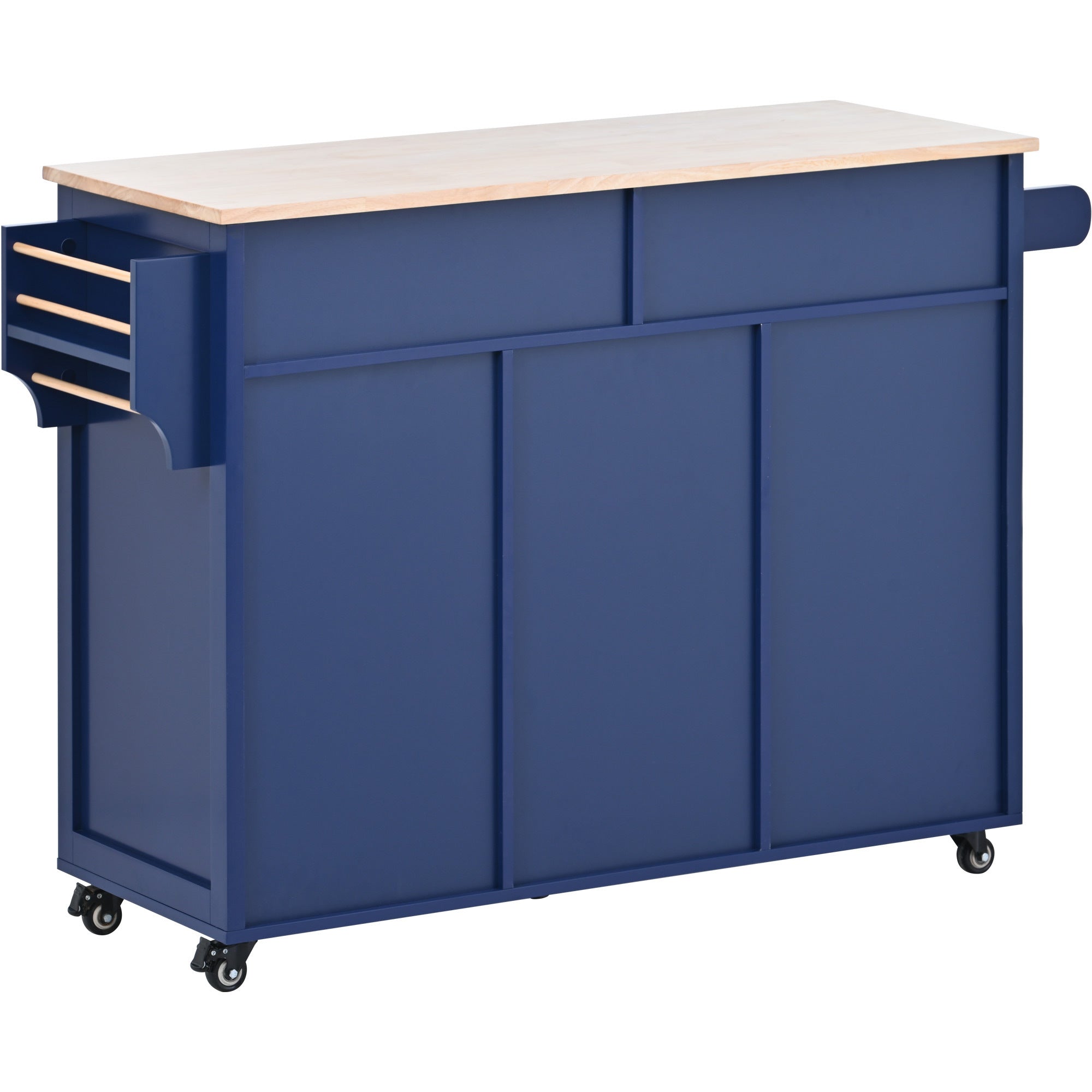 K&K Store Kitchen Cart with Rubber Wood Countertop , 8 Handle-Free Drawers and 5 Wheels for Kitchen Dinning Room, Dark Blue