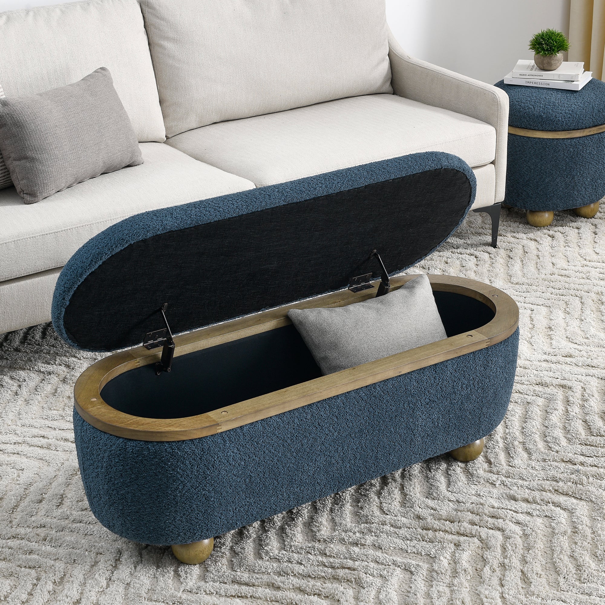 Storage Ottoman Bench, Upholstered End of Bed Ottoman Bench with Storage and Seating, Large Blanket Storage Bench for Foot Rest in Bedroom, Living Room, Entryway, Dark blue