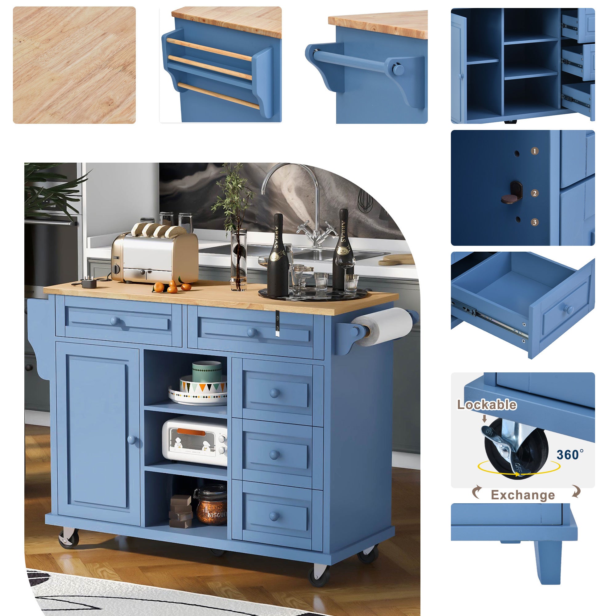 Kitchen cart with Rubber wood desktop rolling mobile kitchen island with storage and 5 draws 53 Inch length, Blue