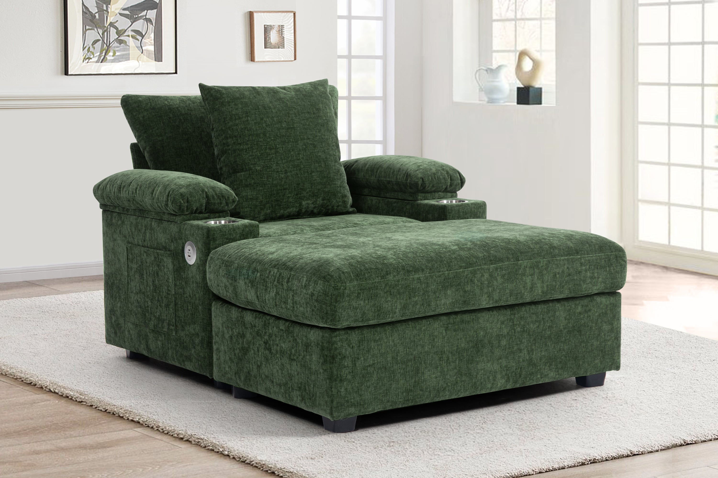 Modern Oversized Chair with Ottoman,Chenille Fabric Sofa Bed,Accent Chair Comfy Sofa with Cupholders and USB Charging Ports Chair for Living Room,Bedroom,Apartment