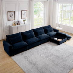 Large L Shape Sectional Corduroy Sofa,Deep Seat Couch with Storage Footstool and 4 Waist Pillows, Blue